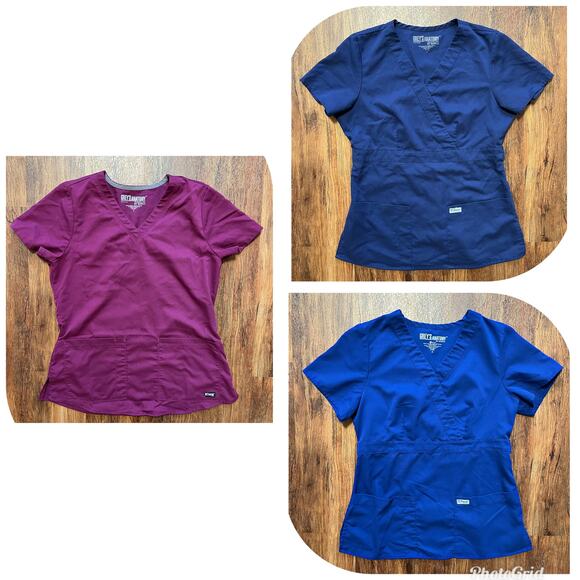 GREY'S ANATOMY Bundle (3) Short Sleeve Scrub Tops - 2 blue 1 Magenta SZ S - Picture 1 of 10